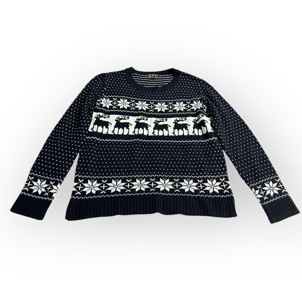POL Sweater Women's Medium Navy Blue White Knit Pullover Long Sleeve Christmas
